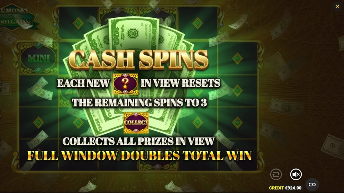 Big Money Frenzy Cash Gains slot machine interface showing gold vault theme